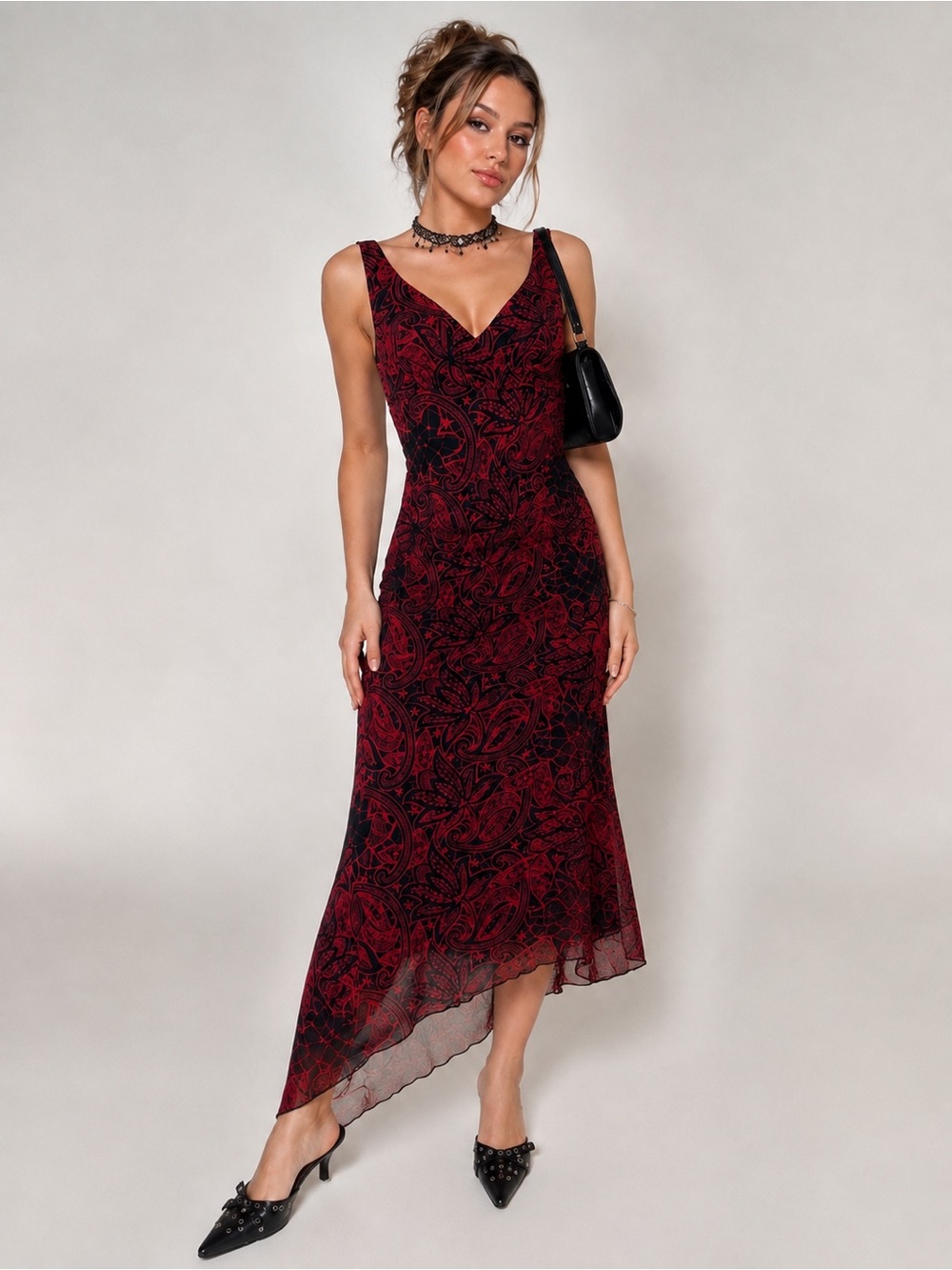 Ruby Rox Y2K Mesh Overlay Asymmetrical Hem Dress Paisley Print | Size M - Picture 1 of 15